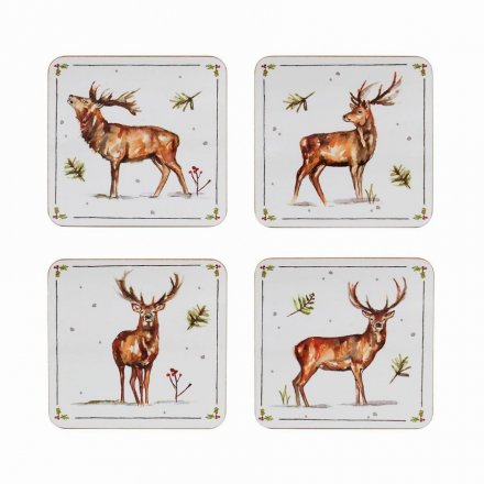 Illustrated Winter Stags Set of Coasters