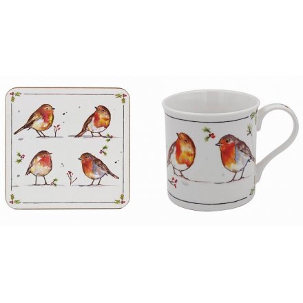 Illustrated Winter Robins Mug and Coaster Set