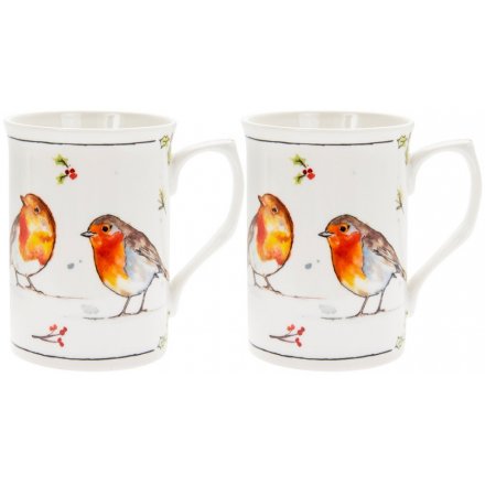 Illustrated Winter Robins Set of Mugs