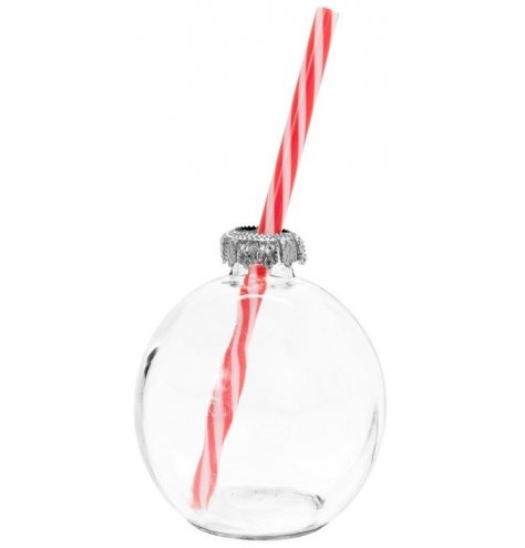 A fun Christmas drinking glass in the shape of a traditional bauble with a candy striped straw. 