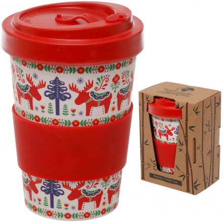 Covered with a festive Scandinavian decal, this colourful travel mug will be sure to improve any morning coffee at Chris