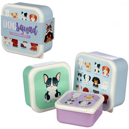 A set of three funky dog squad themed lunch boxes.