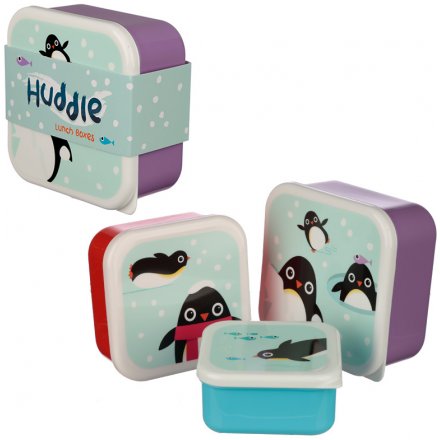  A set of three funky penguin squad themed stacking lunch boxes.