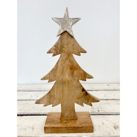 Wooden Tree W/ Metal Star, 36cm