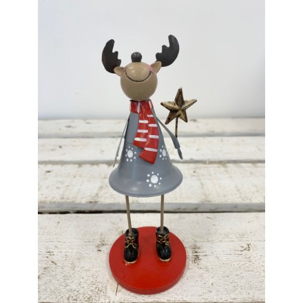 A cute and quirky standing reindeer ornament in grey. Complete with a rustic gold star wand and winter clothes.