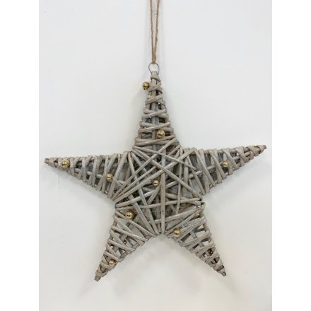 A gorgeous wicker star with a shimmering finish and miniature gold glitter baubles.