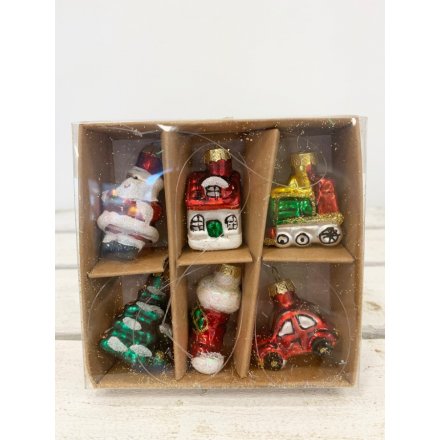 A box of 6 mini glass Christmas decorations in a variety of traditional designs.