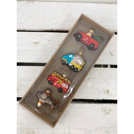 Box of 4 Vintage Glass Vehicle Baubles