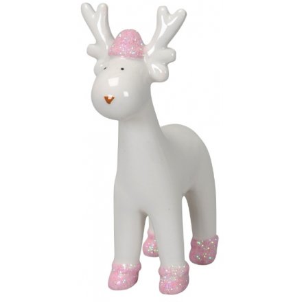 Pink Glitter Ceramic Reindeer, 11cm 