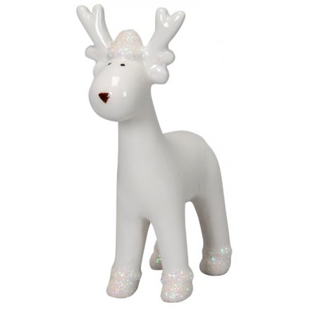 White Glitter Ceramic Reindeer, 15cm 