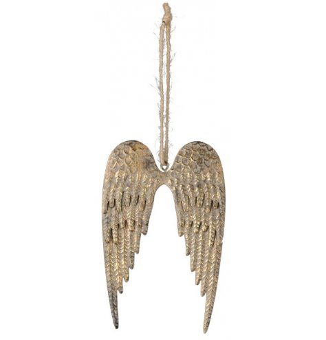 Rustic gold angel wings with textured feathers and a jute string hanger. 