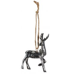 A hanging resin based reindeer decoration set with a tarnished silver colouring and jute string hanger 
