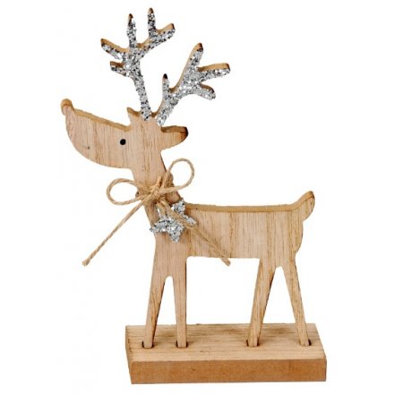 Standing Wooden Reindeer With Glitter Antlers, 19.5cm