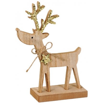 Wooden Reindeer With Gold Glitter Antlers - small