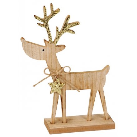 Sparkly Gold Wooden Reindeer, 27cm