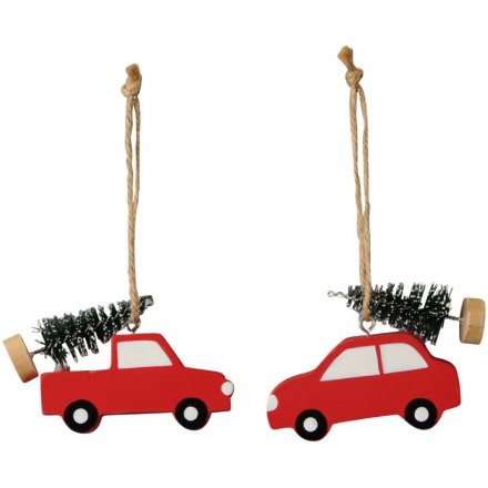 Festive Red Hanging Wooden Cars, 2ass