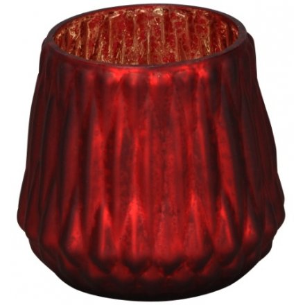 Red Ridged Glass Candle Holder, 9cm