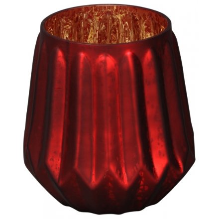 Red Ridged Glass Candle Holder, 15cm 