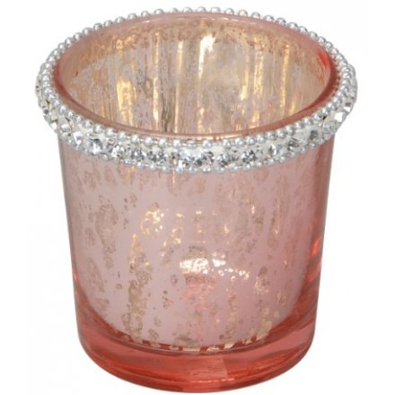Pink Glass Tlight Holder With Diamond Trim, 6cm