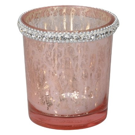 Diamond Trim Pink Glass Tlight Holder, 7.5cm