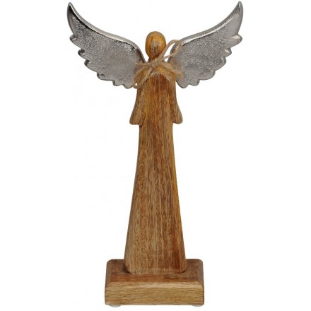 Large Natural Wooden Angel Figure, 31cm