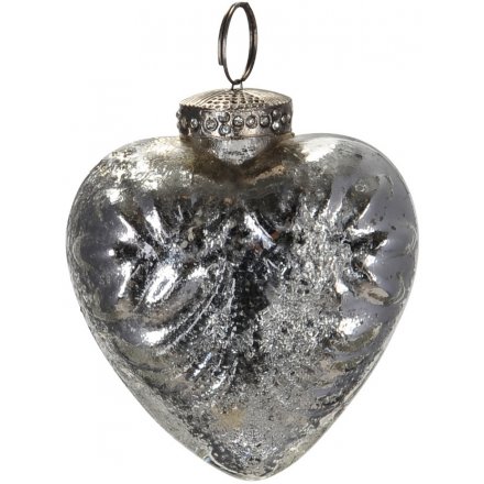 Distressed Silver Glass Heart Bauble 