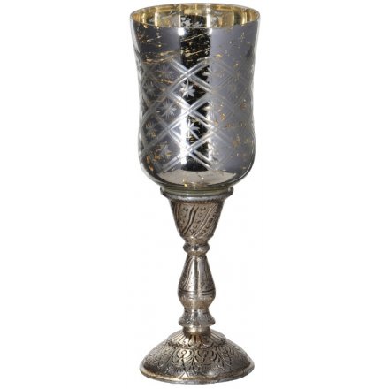 Silver/Gold Glass Candle Holder on Stem, 24cm 