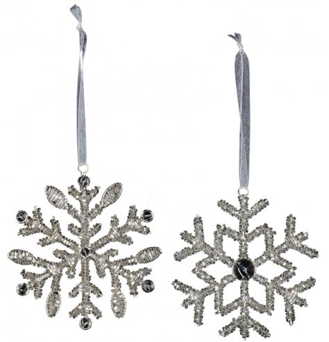 Shimmering snowflake design Christmas decorations with intricate silver beading and jewels. Complete with plush hangers.