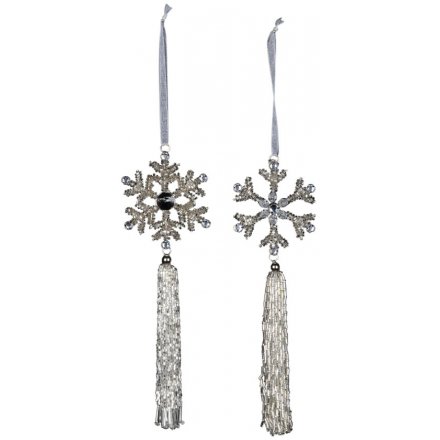 Silver Glittery Snowflake Hangers With Tassels