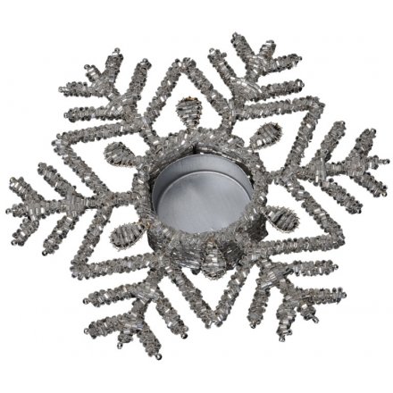 Silver Beaded Snowflake Candle Holder 