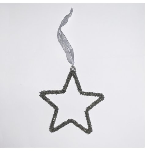 A sparkling silver beaded star decoration with a shimmering ribbon.