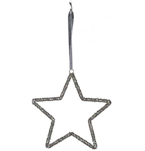 A sparkling silver beaded star decoration with a plush grey hanger. 