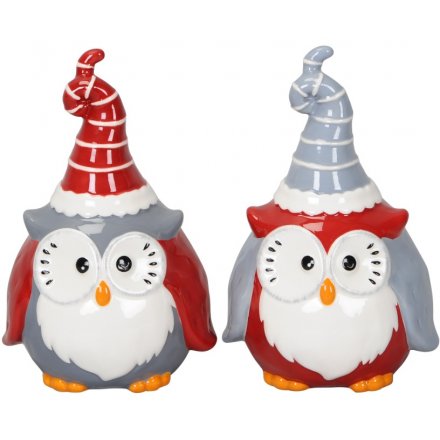 Nordic Red and Grey Owls, 17cm 