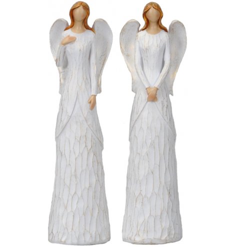 Elegant wood effect standing angel figures in assorted poses. Complete with gold accents and a shabby chic finish.