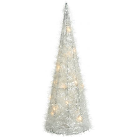 White Tinsel LED Cone, 60cm