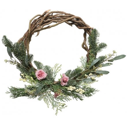 Frosted Foliage and Pink Rose Woven Wreath