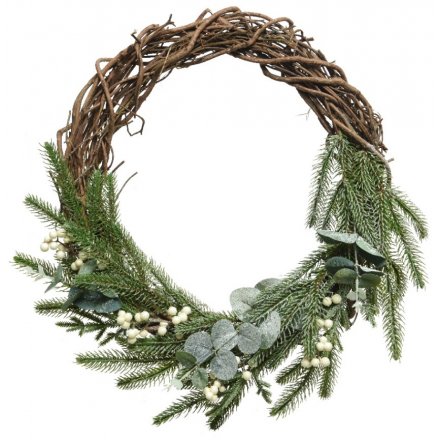 Frosted Pine and Berries Woven Twig Wreath 