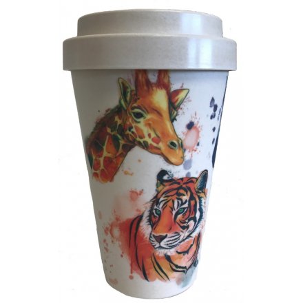  An eco friendly bamboo travel mug with a stylishly printed Safari Life inspired decal around it 