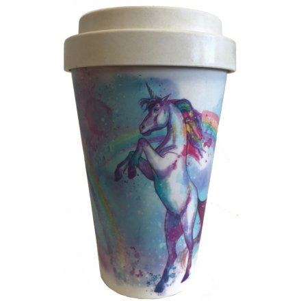  An eco friendly bamboo travel mug with a stylishly printed Unicorn inspired decal around it 