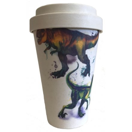  An eco friendly bamboo travel mug with a stylishly printed Dinosaur inspired decal around it 
