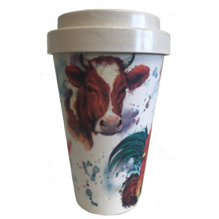  An eco friendly bamboo travel mug with a beautifully printed Farm Life inspired decal around it 