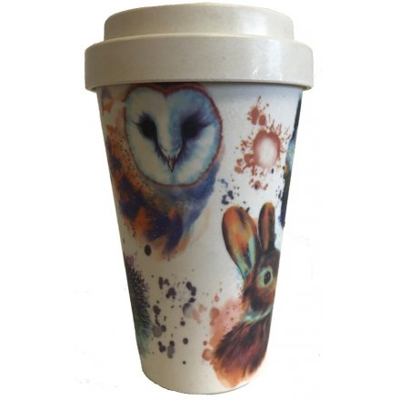  An eco friendly bamboo travel mug with a beautifully printed Wildlife inspired decal around it 
