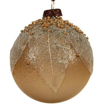 A beautifully ornate glass bauble with real leaves. Each is decorated with an abundance of brown, gold and silver beads.