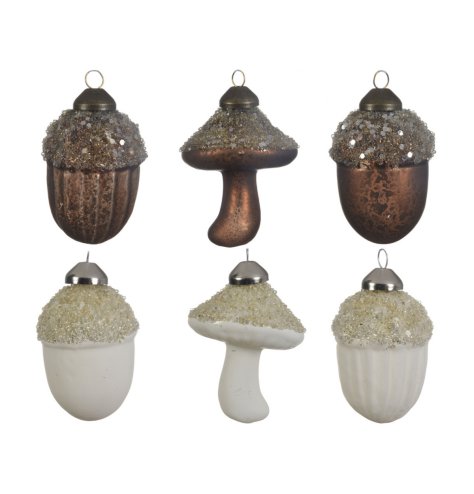 Brown and white truffle mushroom and acorn decorations in matte and antique finishes.
