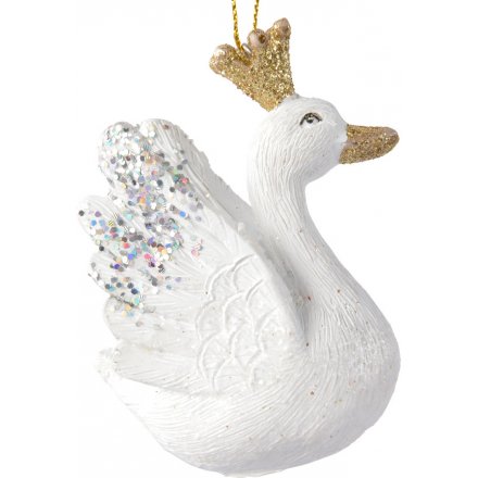 Hanging White Glitter Swan 