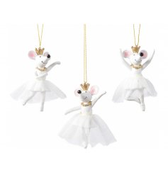 An assortment of 3 posed white mice dressed as Ballerinas 