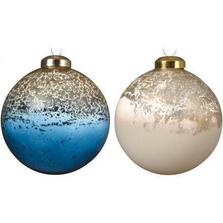An assortment of 2 blue stone and wool white glass baubles with an antique finish. Complete with a luxury metal cap