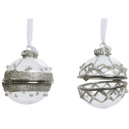 A mix of 2 beautifully ornate glass baubles, each with an opening for a small gift or note.