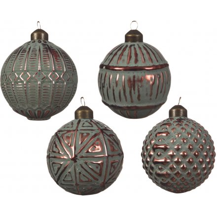 A mix of 4 rough luxe matt baubles, each with a green wash and dark brown decorative pattern.