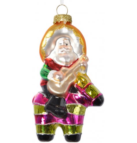 A fun and colourful glass Santa Pinata decoration with glitter and spangles. 